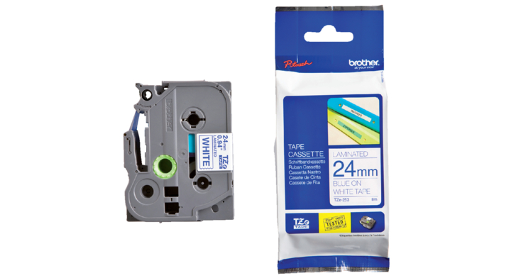 Lettertape brother p-touch tz253 24mm wit/blauw