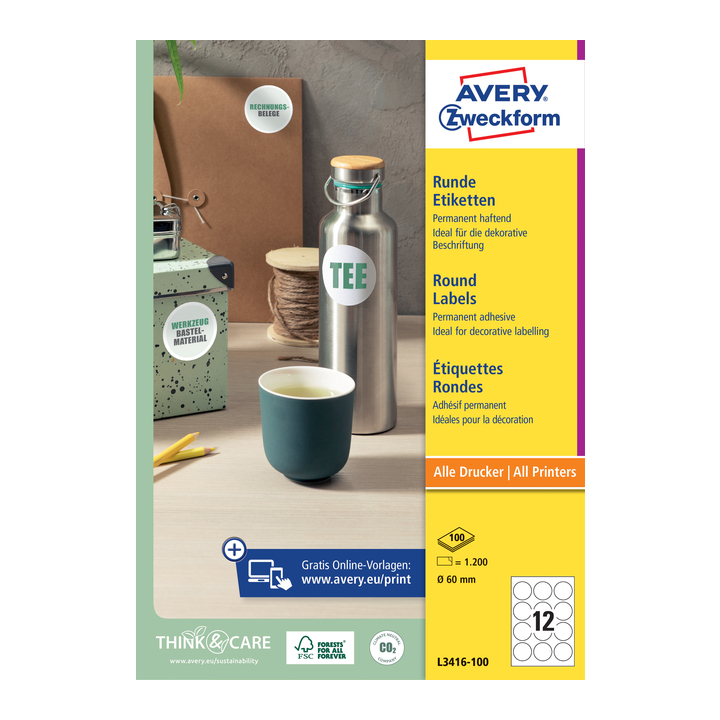 Etiket avery zweckform l3416 rond 60 mm wit(l3416-100) - 0