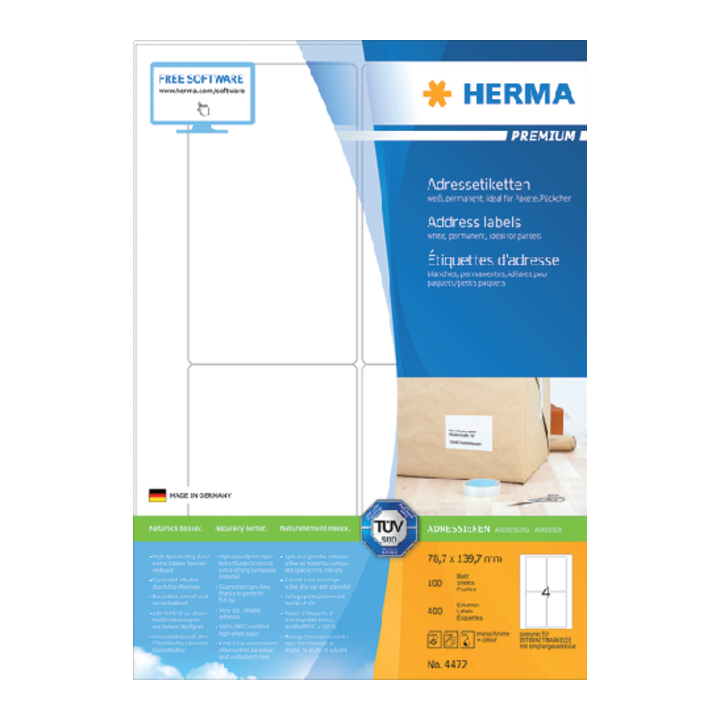 Etiket herma 4472 78.7x139.7mm premium a4 400st(4472) - 0