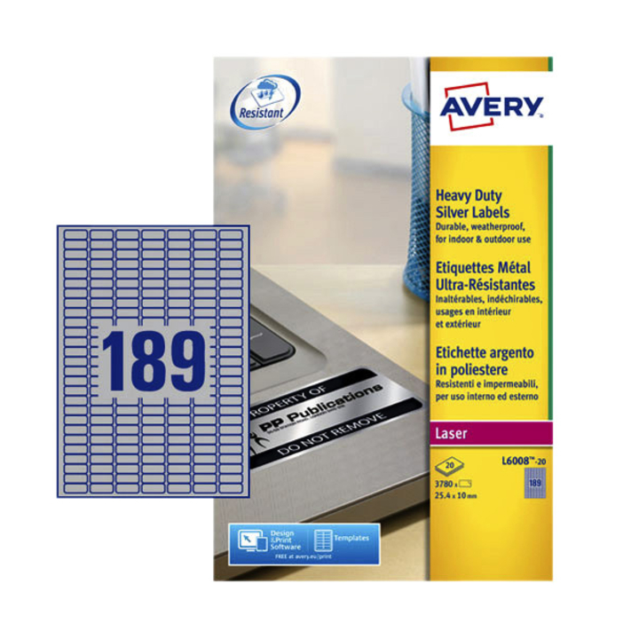 Etiket avery l6008-20 25.4x10mm zilver 3780st - 0