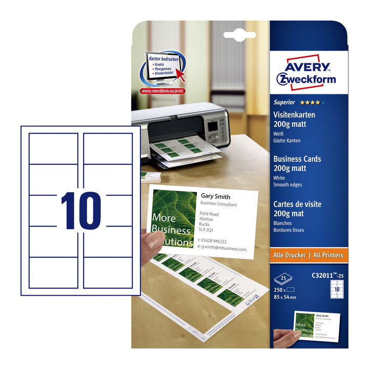 Visitekaart avery c32011-25 85x54mm 250st 100st - 0
